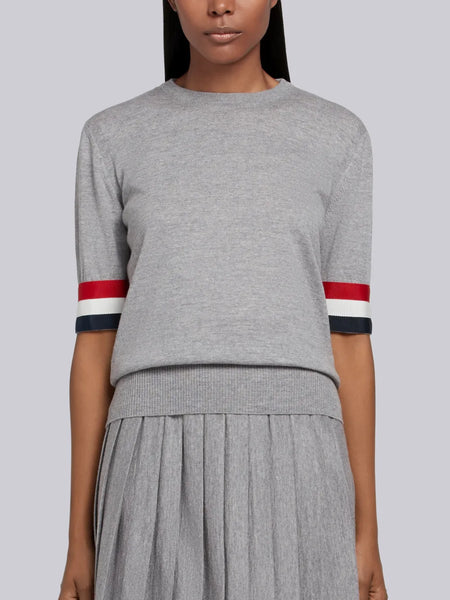 FINE MERINO WOOL RWB GROSGRAIN CUFF TEE LT GREY