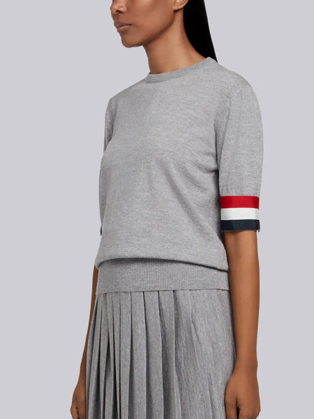 FINE MERINO WOOL RWB GROSGRAIN CUFF TEE LT GREY