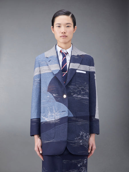 Wool Flannel Stitch Detail Oversized Sack Sport Coat DEEP BLUE