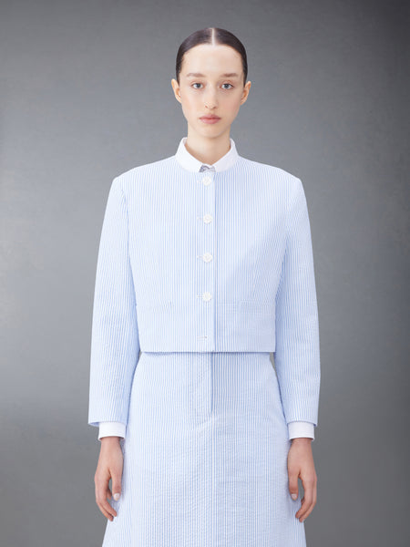 SEERSUCKER BOX PLEAT CARDIGAN JACKET BLUE
