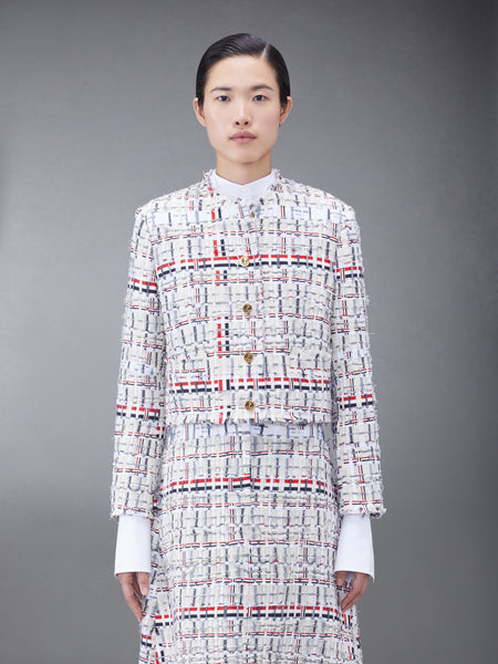DECONSTRUCTED TWEED BOX PLEAT CARDIGAN JACKET RWBWHT
