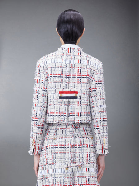 DECONSTRUCTED TWEED BOX PLEAT CARDIGAN JACKET RWBWHT