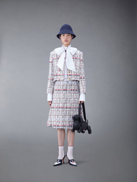 DECONSTRUCTED TWEED BOX PLEAT CARDIGAN JACKET RWBWHT