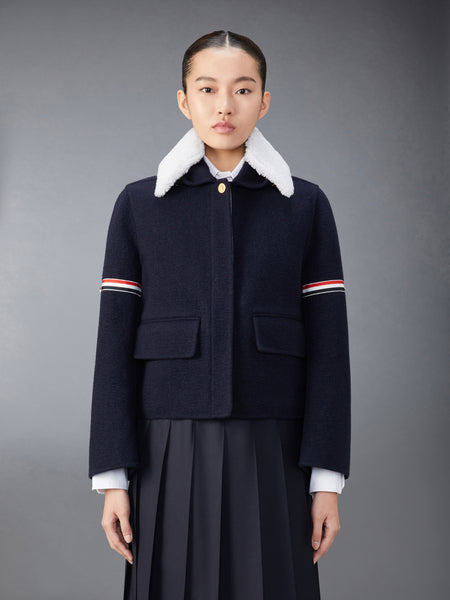 WOOL CASHMERE ARMBAND BELL SLEEVE JACKET WITH SHEARLING COLLAR NAVY