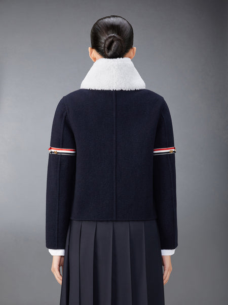 WOOL CASHMERE ARMBAND BELL SLEEVE JACKET WITH SHEARLING COLLAR NAVY