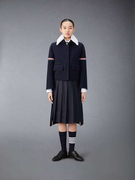 WOOL CASHMERE ARMBAND BELL SLEEVE JACKET WITH SHEARLING COLLAR NAVY