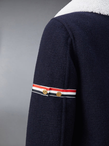 WOOL CASHMERE ARMBAND BELL SLEEVE JACKET WITH SHEARLING COLLAR NAVY
