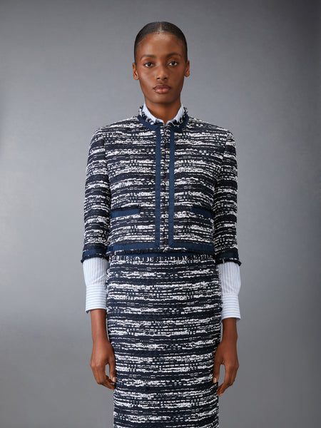 MELANGE TULLE YARN TWEED DROP BACK CARDIGAN JACKET NAVY