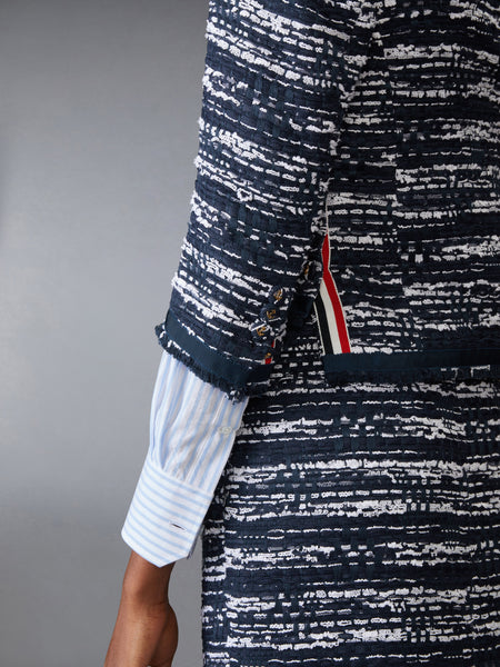 MELANGE TULLE YARN TWEED DROP BACK CARDIGAN JACKET NAVY