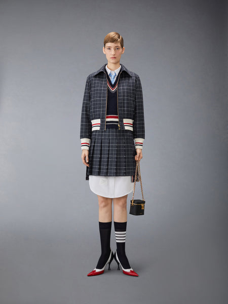 WINDOWPANE HOUNDSTOOTH TEVIOT TWEED CROPPED FLIGHT JACKET NAVY