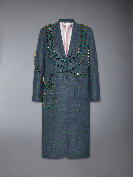 WINDOWPANE HUNTING TWEED TROMPE L'OEIL JACKET WITH SWAROVSKI CRYSTAL DEEP BLUE