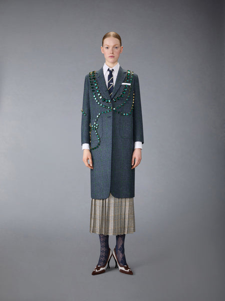 WINDOWPANE HUNTING TWEED TROMPE L'OEIL JACKET WITH SWAROVSKI CRYSTAL DEEP BLUE
