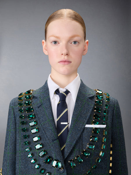 WINDOWPANE HUNTING TWEED TROMPE L'OEIL JACKET WITH SWAROVSKI CRYSTAL DEEP BLUE