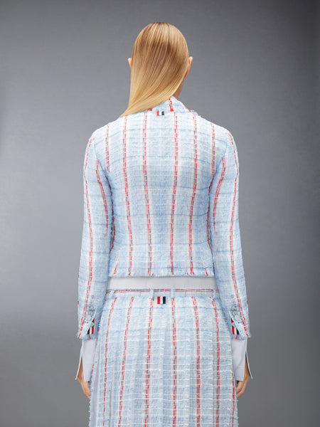 STRIPED SHEER TWEED CROPPED JACKET WITH FRAY EDGE LIGHT BLUE