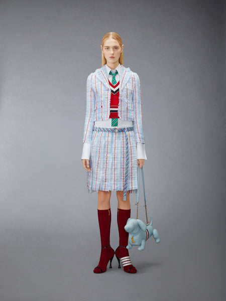 STRIPED SHEER TWEED CROPPED JACKET WITH FRAY EDGE LIGHT BLUE