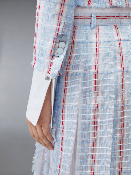STRIPED SHEER TWEED CROPPED JACKET WITH FRAY EDGE LIGHT BLUE