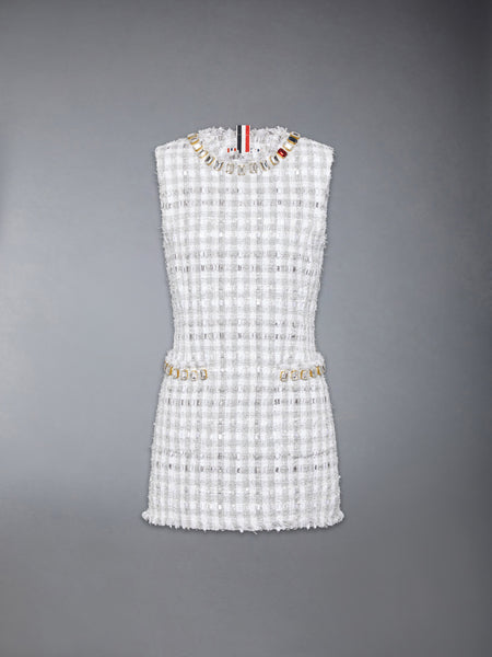 GINGHAM SATIN RIBBON TWEED MINI PENCIL DRESS WITH SWAROVSKI CRYSTAL MED GREY