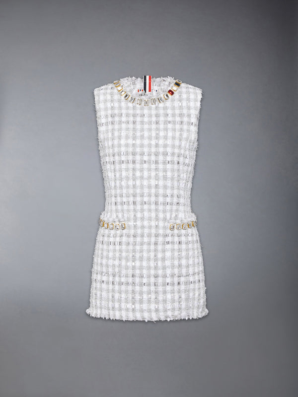 GINGHAM SATIN RIBBON TWEED MINI PENCIL DRESS WITH SWAROVSKI CRYSTAL - featured image