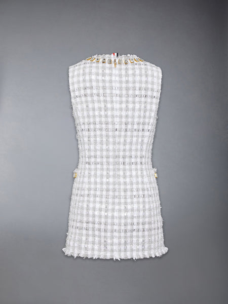 GINGHAM SATIN RIBBON TWEED MINI PENCIL DRESS WITH SWAROVSKI CRYSTAL MED GREY