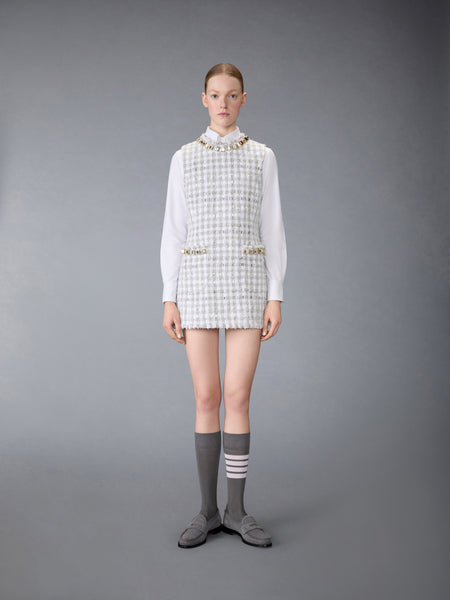 GINGHAM SATIN RIBBON TWEED MINI PENCIL DRESS WITH SWAROVSKI CRYSTAL MED GREY