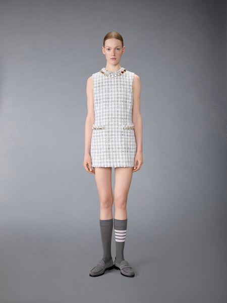 GINGHAM SATIN RIBBON TWEED MINI PENCIL DRESS WITH SWAROVSKI CRYSTAL MED GREY