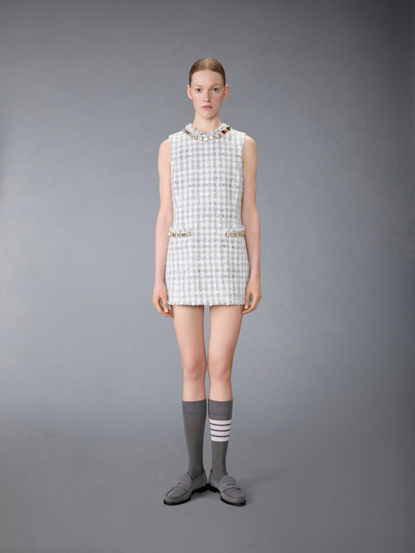 GINGHAM SATIN RIBBON TWEED MINI PENCIL DRESS WITH SWAROVSKI CRYSTAL - image 3