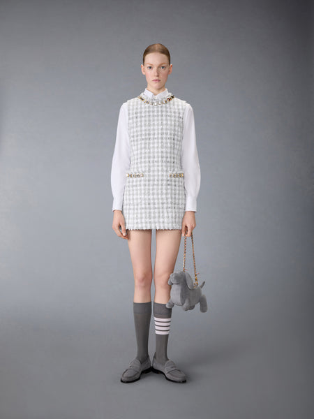 GINGHAM SATIN RIBBON TWEED MINI PENCIL DRESS WITH SWAROVSKI CRYSTAL MED GREY