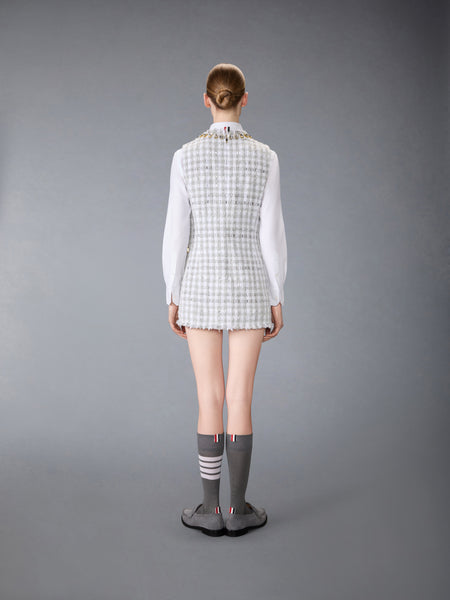 GINGHAM SATIN RIBBON TWEED MINI PENCIL DRESS WITH SWAROVSKI CRYSTAL MED GREY