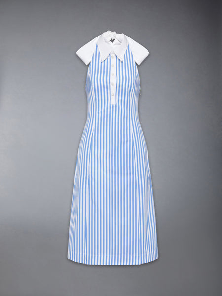 AWNING STRIPED POPLIN POLO HALTER DRESS MEDIUM BLUE