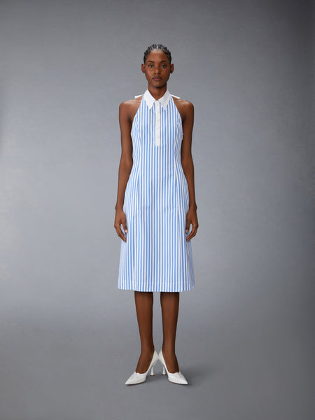 AWNING STRIPED POPLIN POLO HALTER DRESS MEDIUM BLUE