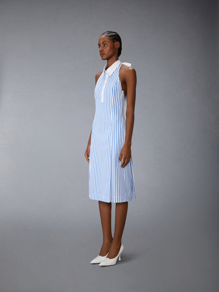 AWNING STRIPED POPLIN POLO HALTER DRESS MEDIUM BLUE