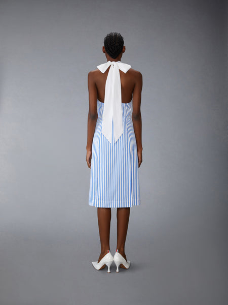 AWNING STRIPED POPLIN POLO HALTER DRESS MEDIUM BLUE