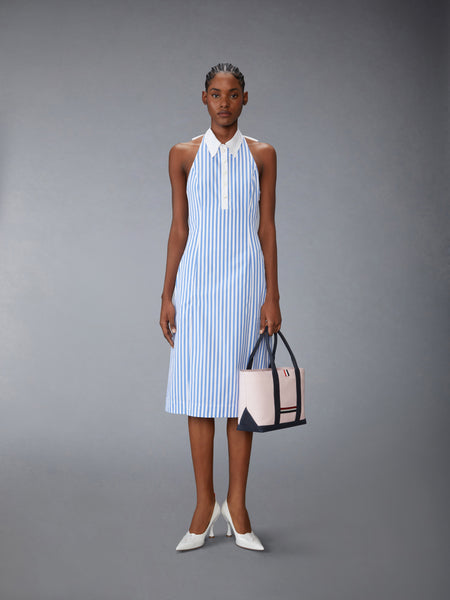 AWNING STRIPED POPLIN POLO HALTER DRESS MEDIUM BLUE