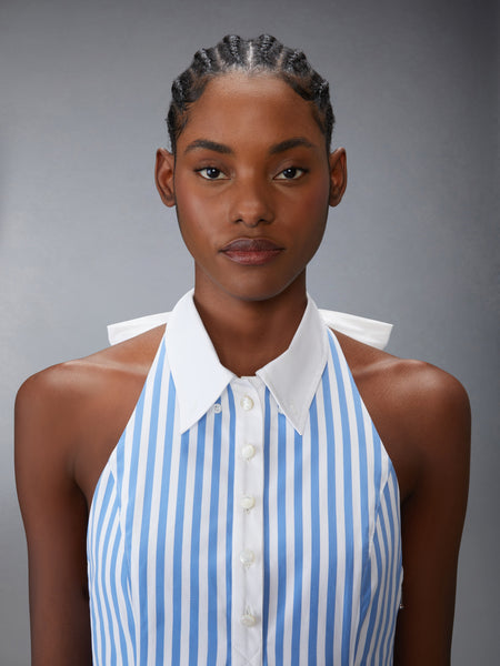 AWNING STRIPED POPLIN POLO HALTER DRESS MEDIUM BLUE