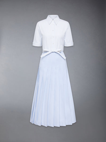 PINSTRIPE POPLIN BELTED PLEATED SHIRTDRESS LIGHT BLUE