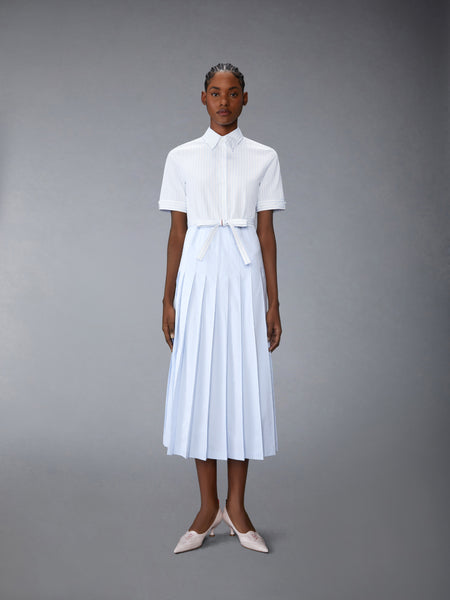 PINSTRIPE POPLIN BELTED PLEATED SHIRTDRESS LIGHT BLUE