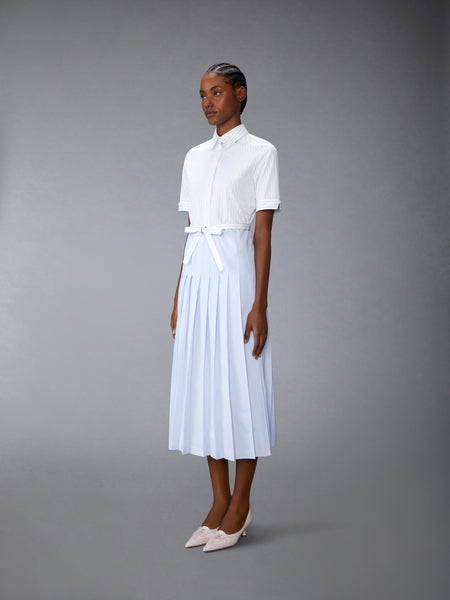 PINSTRIPE POPLIN BELTED PLEATED SHIRTDRESS LIGHT BLUE