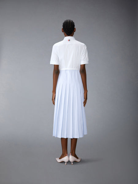 PINSTRIPE POPLIN BELTED PLEATED SHIRTDRESS LIGHT BLUE