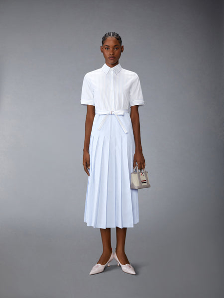 PINSTRIPE POPLIN BELTED PLEATED SHIRTDRESS LIGHT BLUE