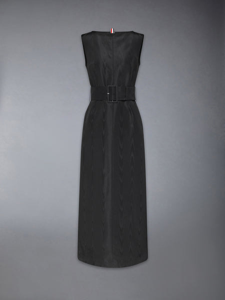 SILK MOIRE BOAT NECK COLUMN DRESS BLACK