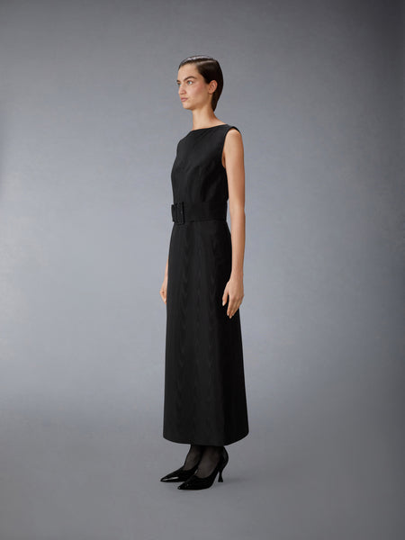 SILK MOIRE BOAT NECK COLUMN DRESS BLACK