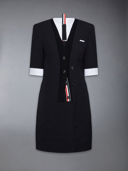 WOOL SEERSUCKER TROMPE L’ŒIL SACK MINI DRESS BLACK