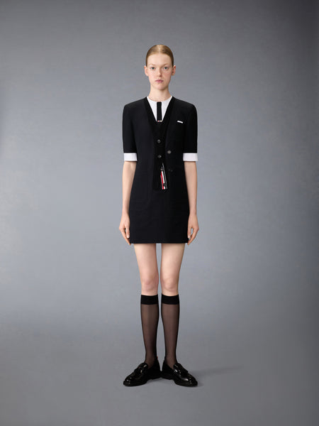 WOOL SEERSUCKER TROMPE L’ŒIL SACK MINI DRESS BLACK