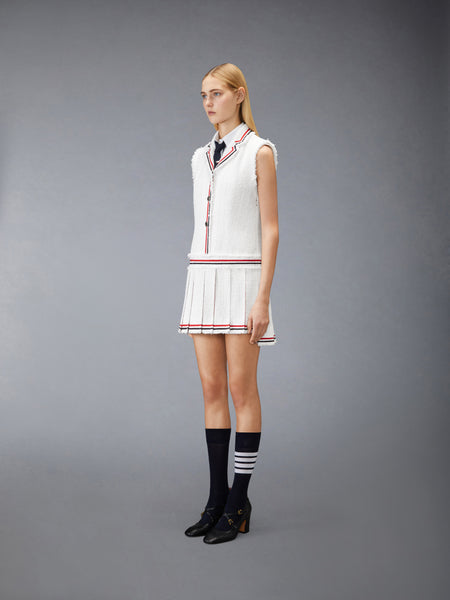 SOLID TWEED PLEATED SPORTCOAT DRESS WHITE