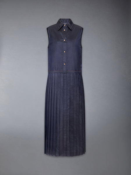 SILK SEERSUCKER PLEATED SHIRTDRESS DARK BLUE
