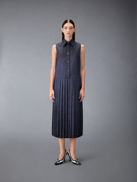 SILK SEERSUCKER PLEATED SHIRTDRESS DARK BLUE