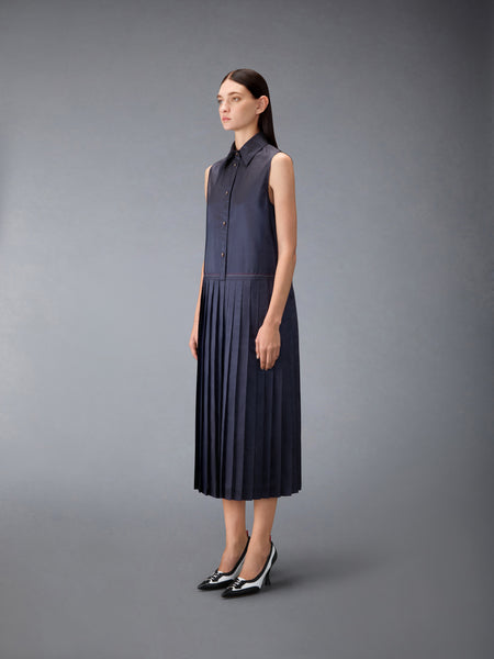SILK SEERSUCKER PLEATED SHIRTDRESS DARK BLUE