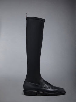 Stretch Vitello Calf Micro Sole Knee High Penny Loafer Boot