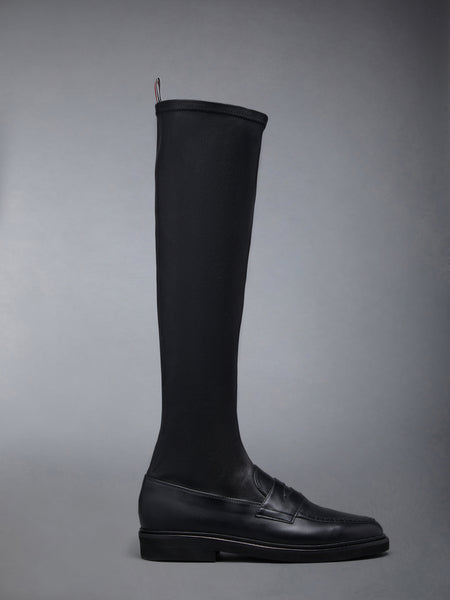 Stretch Vitello Calf Micro Sole Knee High Penny Loafer Boot BLACK