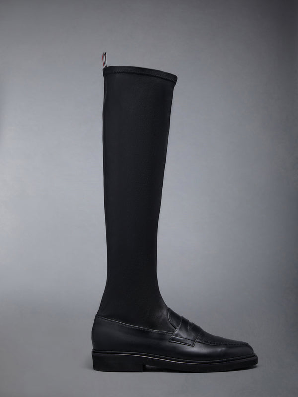 Stretch Vitello Calf Micro Sole Knee High Penny Loafer Boot - featured image